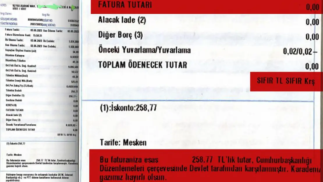 SİİRT'TE VATANDAŞLARA '0' TL DOĞALGAZ FATURALARI GELMEYE BAŞLADI