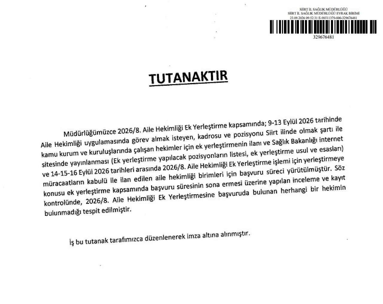 Siirt'te Aile Hekimliği Ek Yerleştirmesine Başvuru Yapılmadı