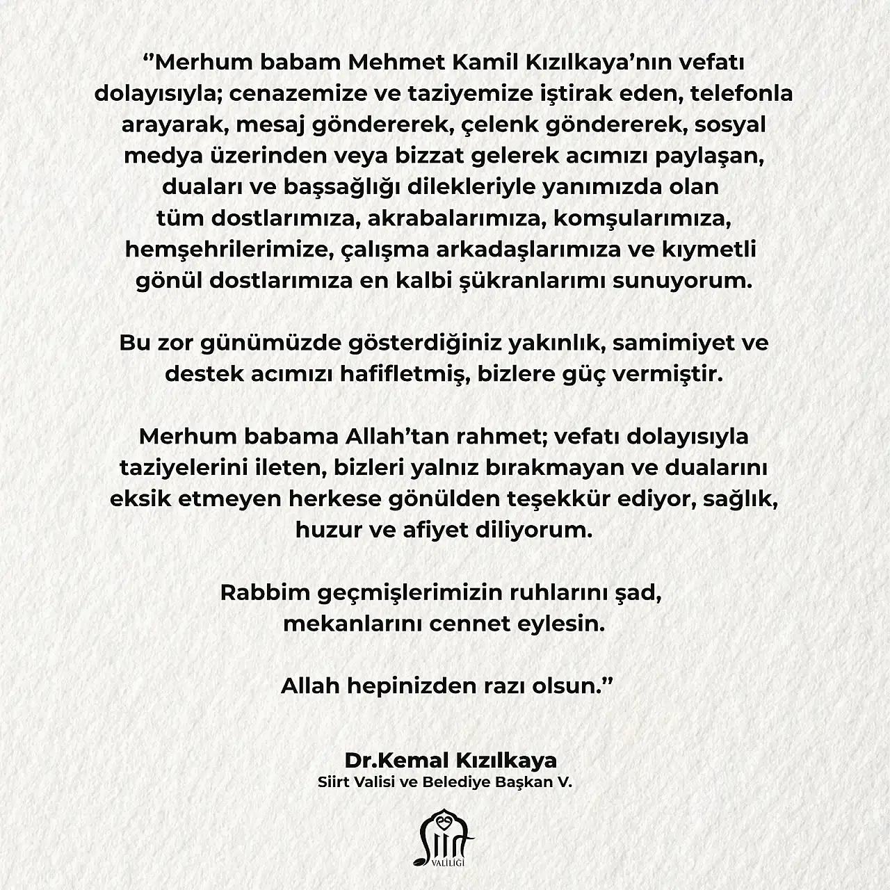 Vali Kızılkaya'dan Taziye Teşekkürü: ''Bu Zor Günümüzde Yanımızda Olan Herkese Minnettarım''