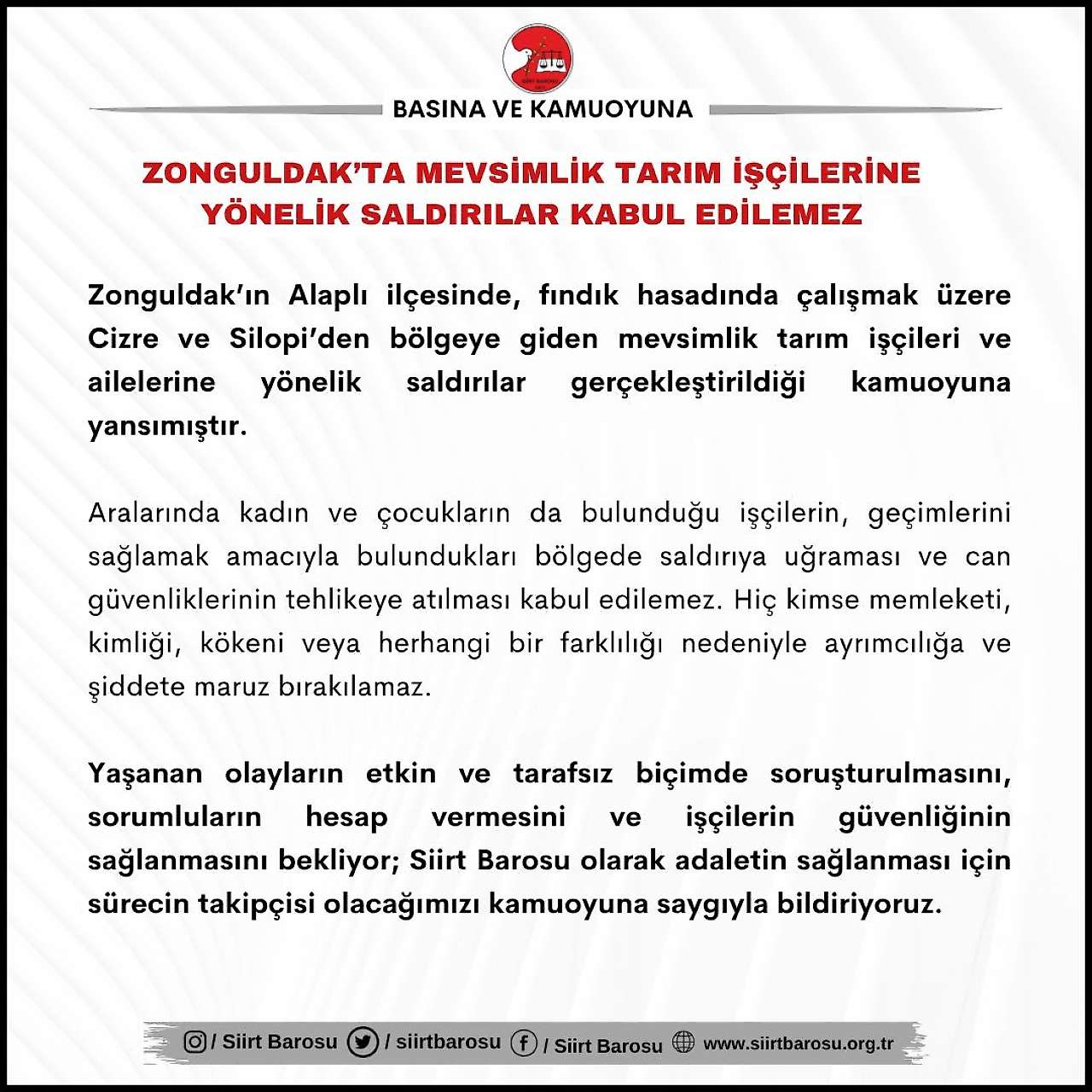 Siirt Barosu'ndan Zonguldak'taki Kürt Mevsimlik Tarım İşçilerine Yönelik Saldırılara Tepki