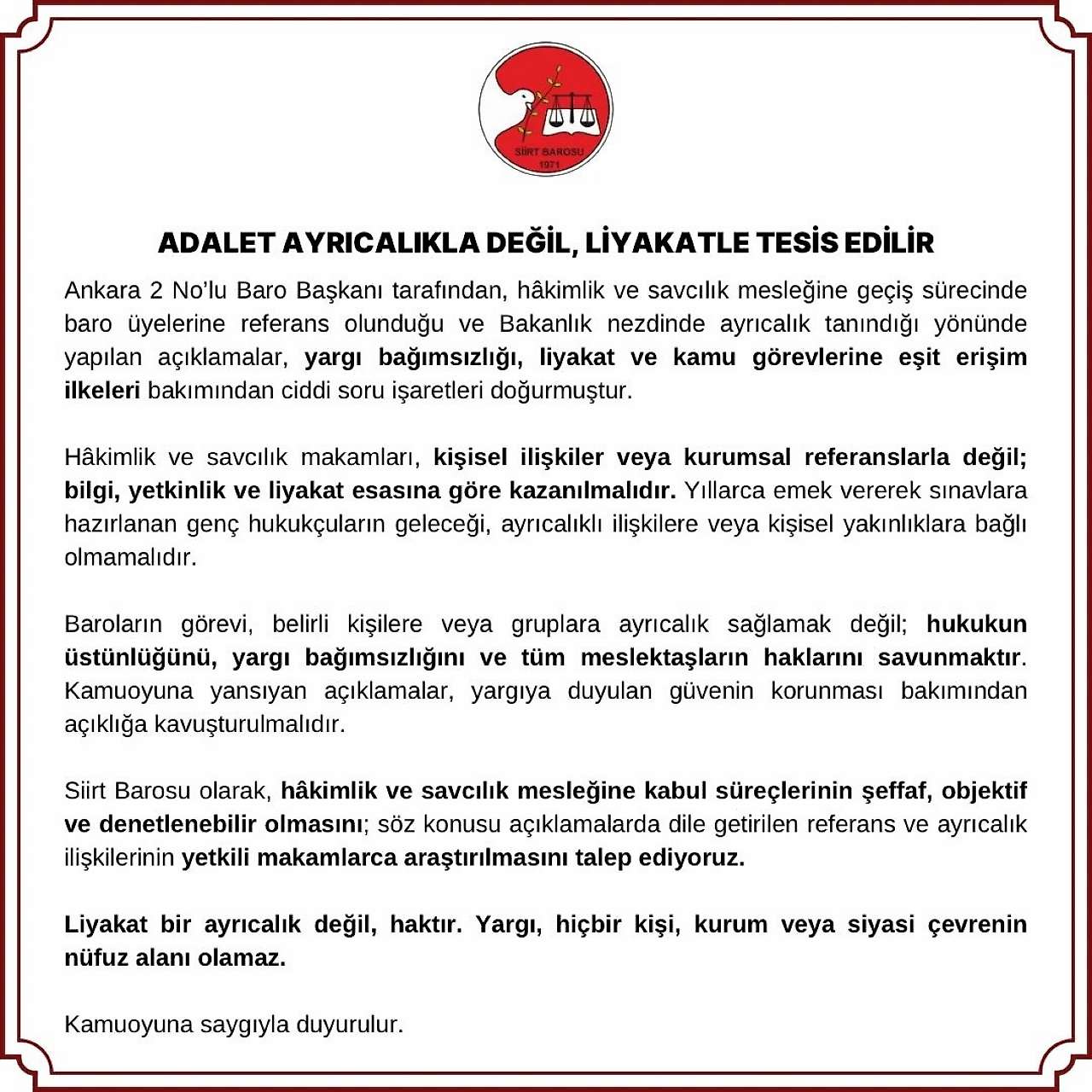 Siirt Barosu'ndan 70 Avukatın Hâkim ve Savcı Olması Açıklamasına Tepki