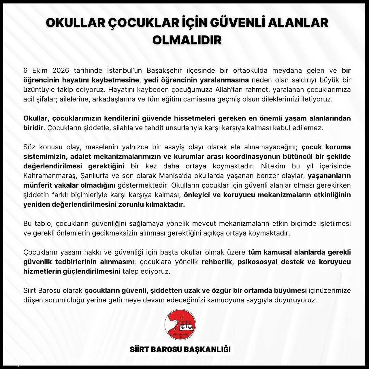 Siirt Barosu'ndan Okullardaki Şiddet Olaylarına Tepki: 'Okullar Güvenli Alanlar Olmalı'