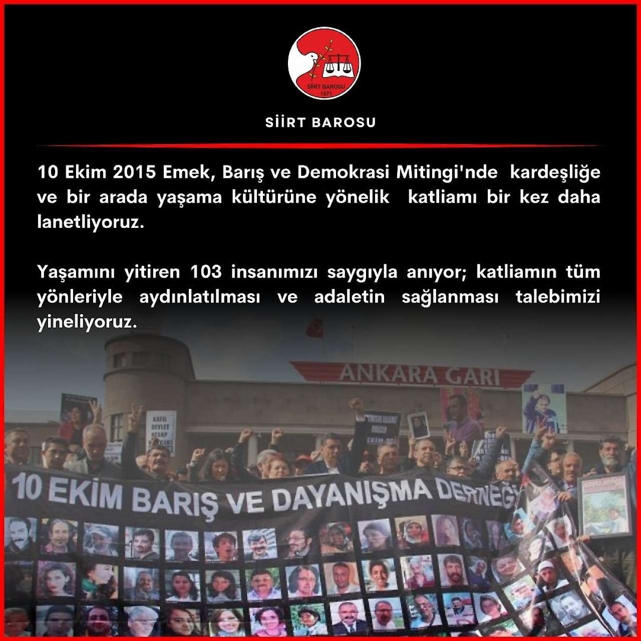 Siirt Barosu, 10 Ekim Ankara Katliamı İçin Anma Mesajı Yayınladı