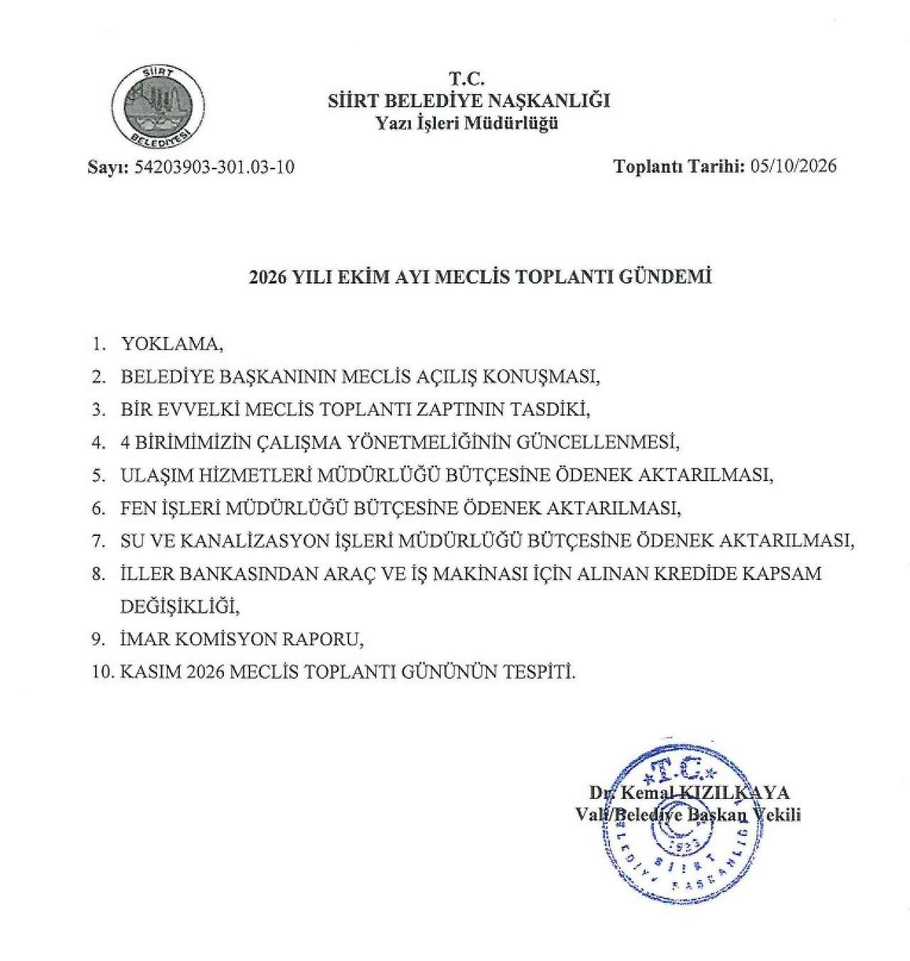 Siirt Belediye Meclisi 5 Ekim'de Toplanıyor: Gündemde İller Bankası Kredisi ve Bütçe Aktarımları Var