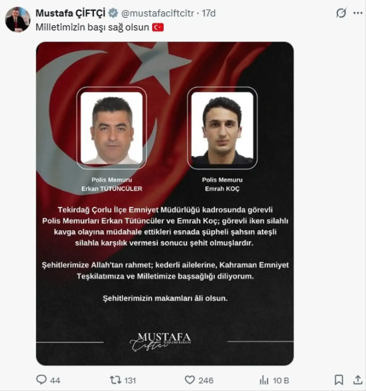 Bakan Çiftçi'nin şehit polislerle ilgili X hesabından yaptığı paylaşım.