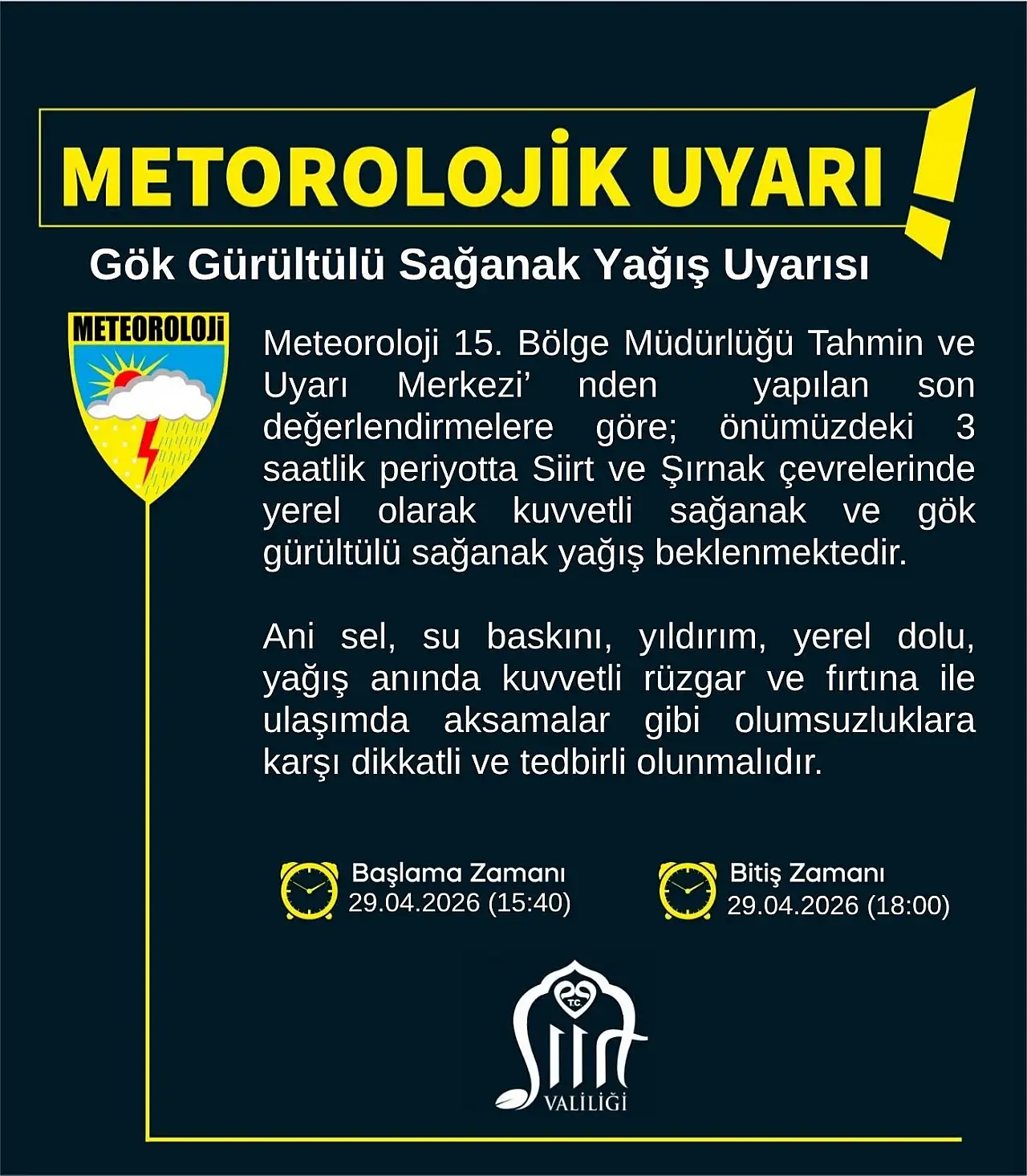 Siirt Valiliği'nden Gök Gürültülü Sağanak Uyarısı