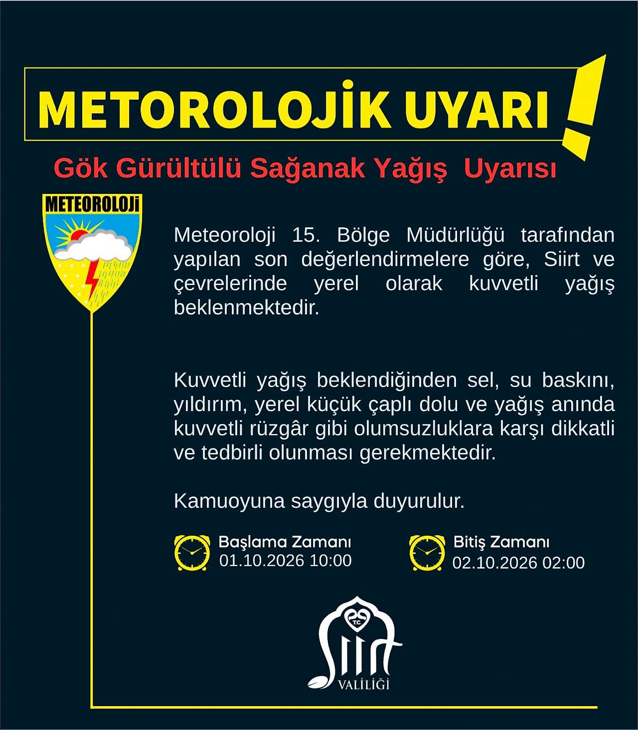 Siirt için kuvvetli yağış uyarısı: Valilik vatandaşları uyardı