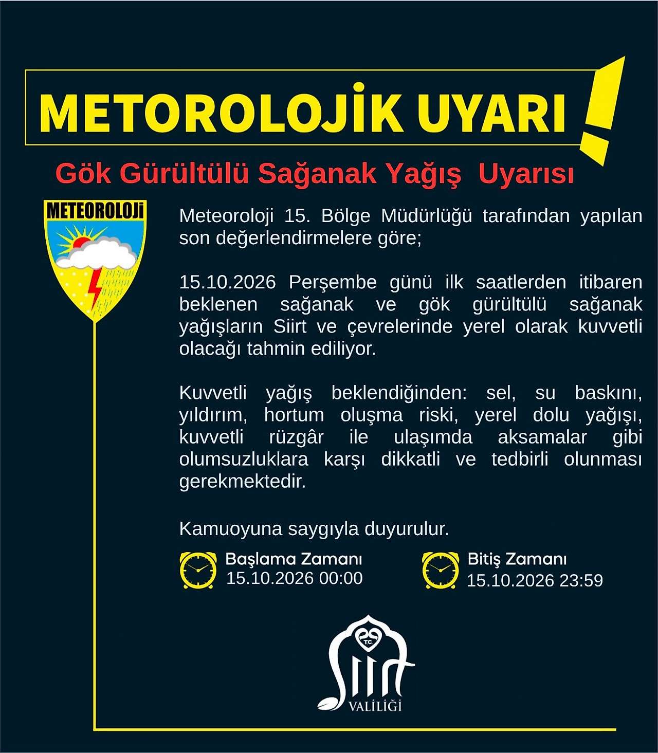 Valilikten Siirtlilere Kuvvetli Yağış Uyarısı