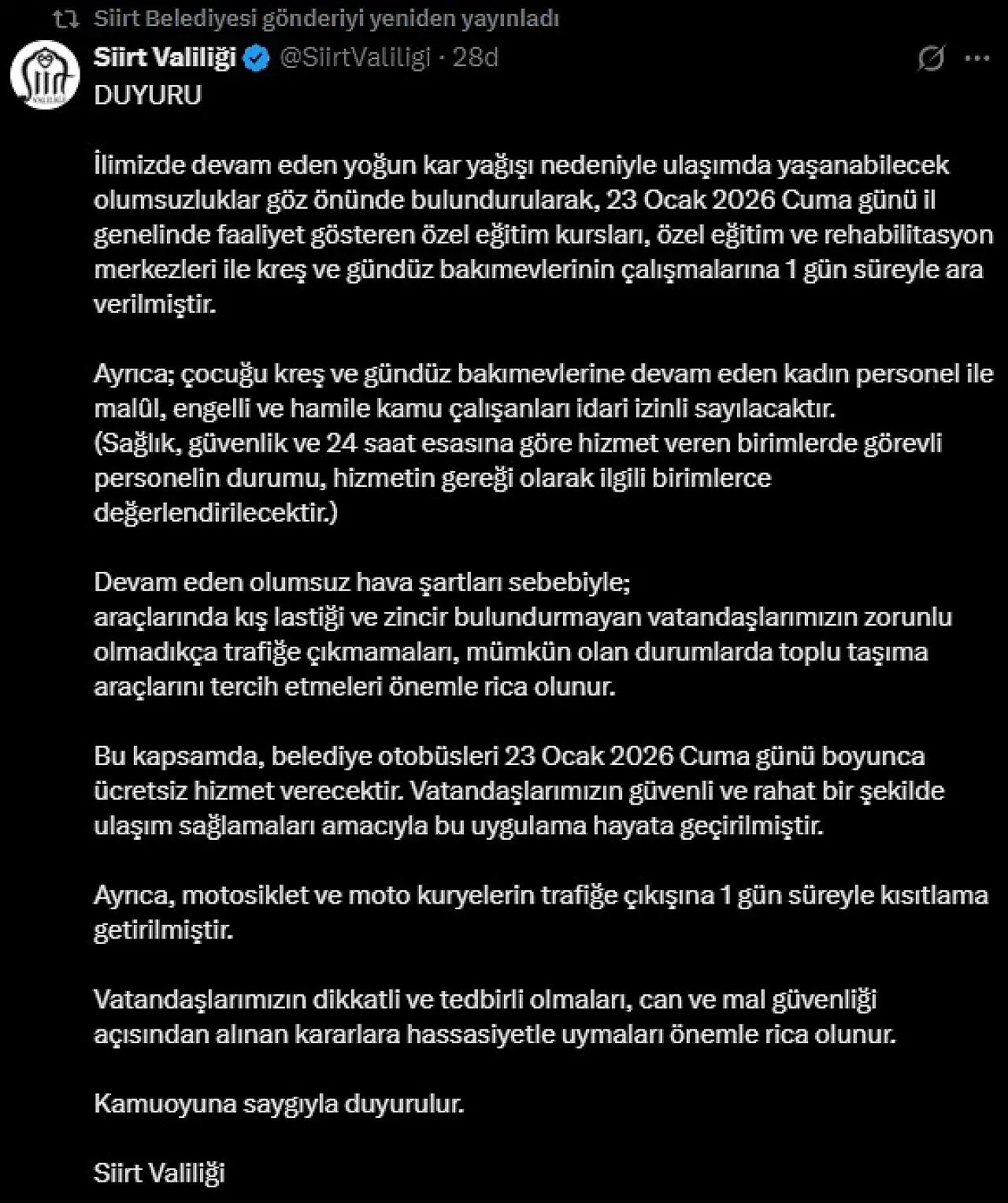 Siirt'te Kar Yağışı Nedeniyle Özel Eğitim Kurumları ve Kreşler 1 Günlük Tatil Edildi