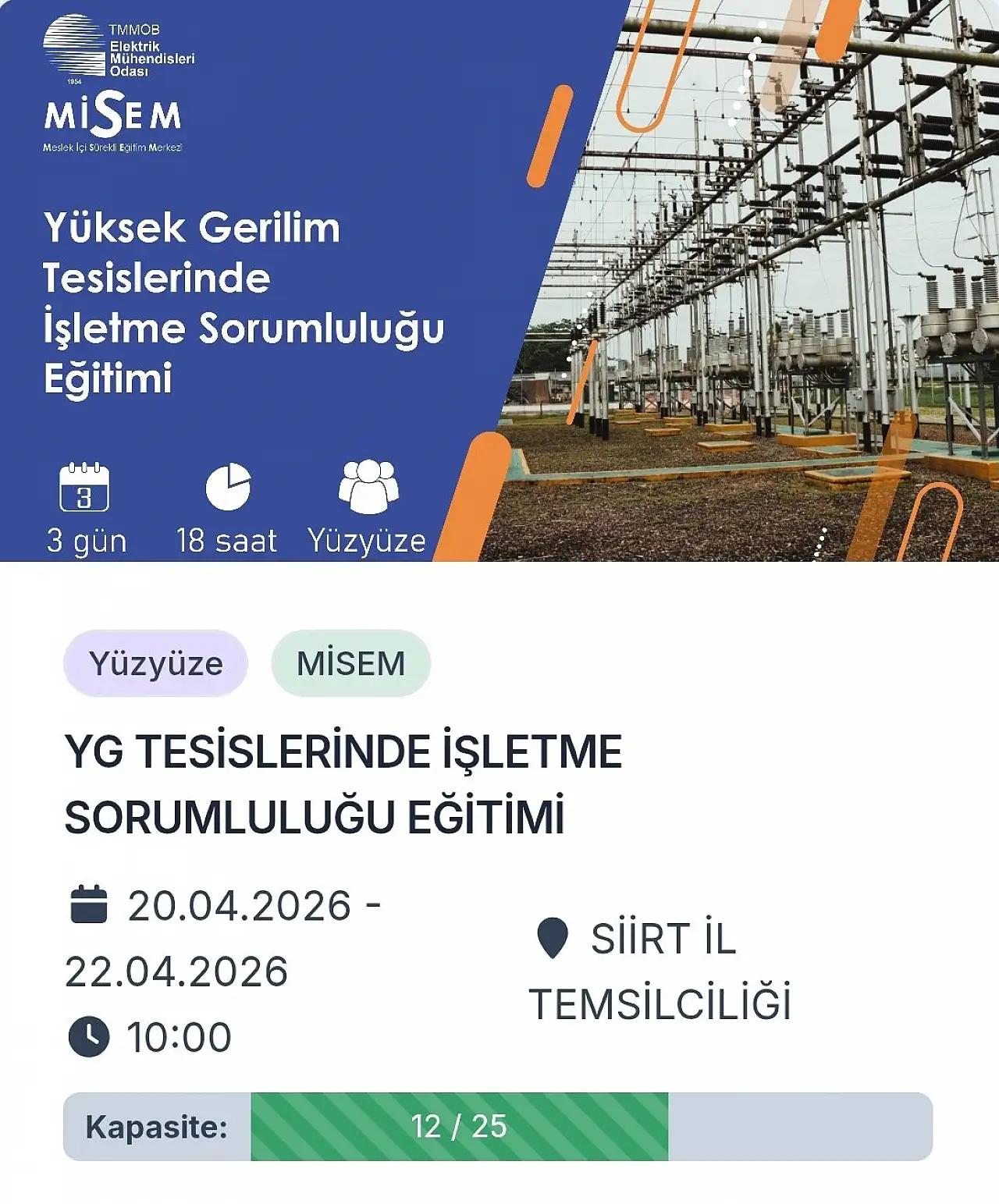 TMMOB Elektrik Mühendisleri Odası Siirt İl Temsilciliği tarafından verilecek eğitime dair bilgiler.