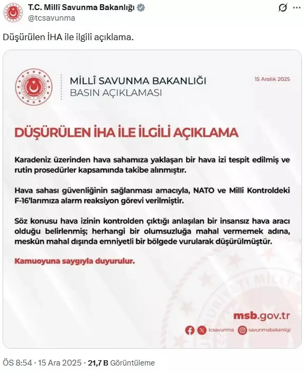 F-16'lar Karadeniz'de İHA Düşürdü