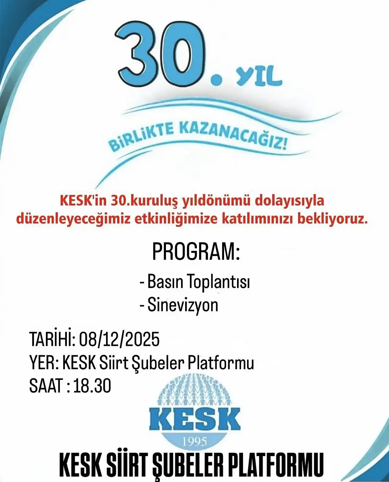 KESK, 30. Kuruluş Yıldönümünü Siirt'te Etkinlikle Kutlayacak