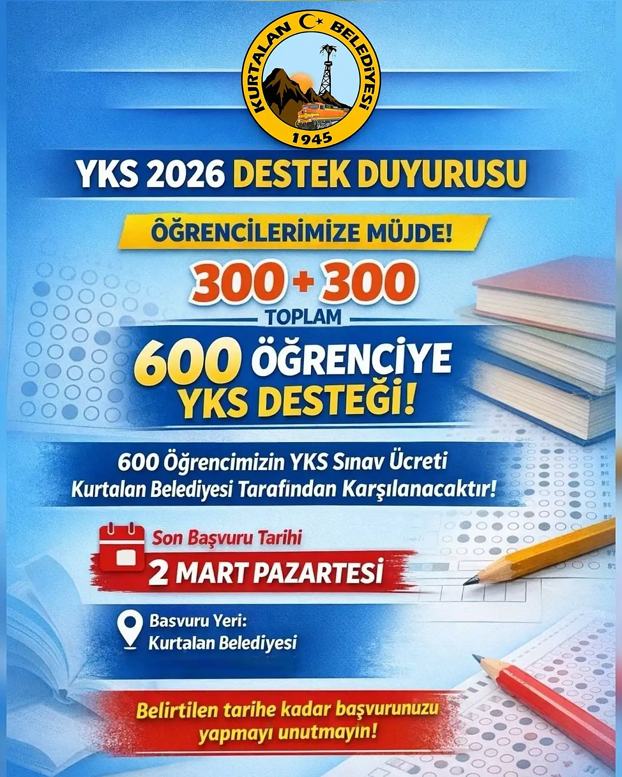 Kurtalan Belediyesi'nden eğitim desteği: 600 öğrencinin YKS ücreti karşılanacak