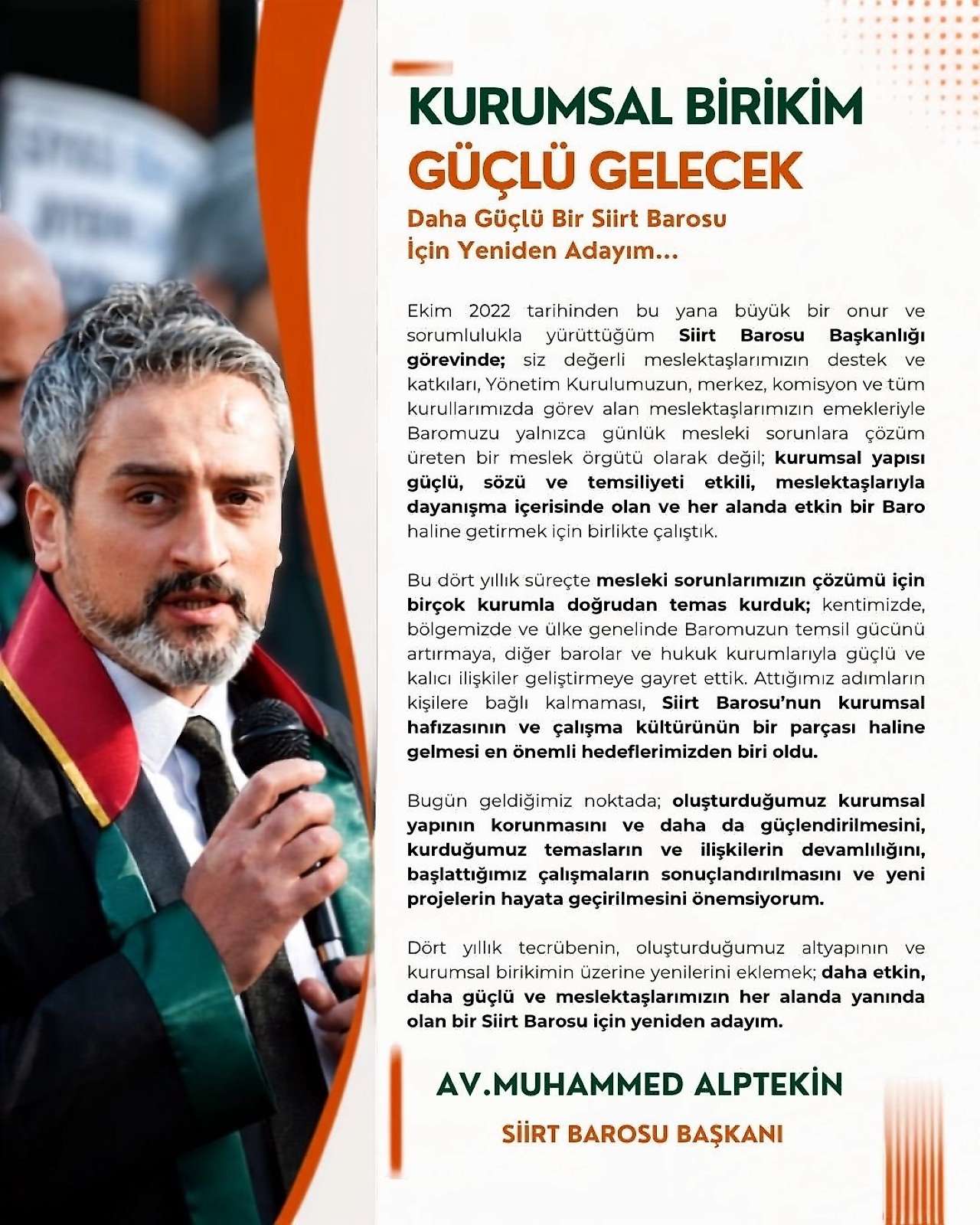 Siirt Barosu Başkanı Av. Muhammed Alptekin Yeniden Adaylığını Açıkladı