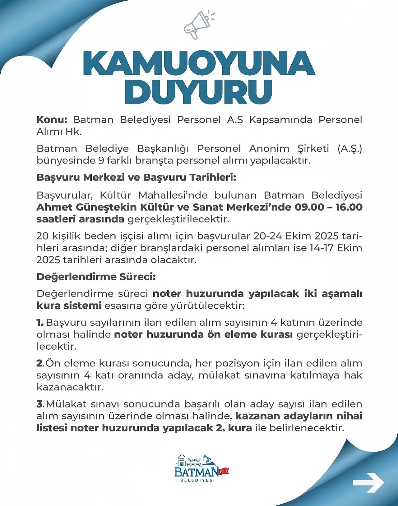 Batman Belediyesi 80 Personel Alımı Yapacak: 9 Branşta Başvurular Başladı