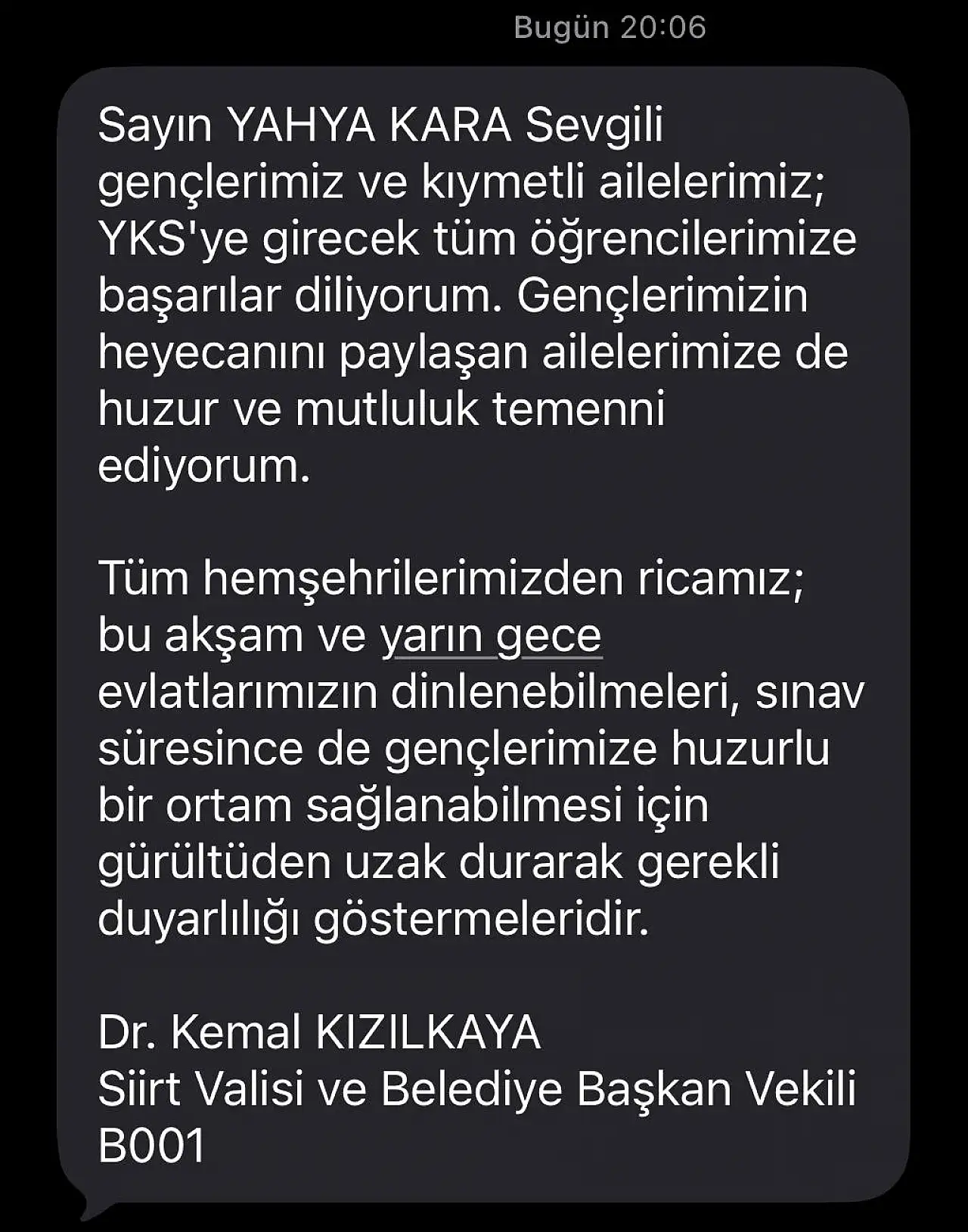 Siirt Valiliği YKS öncesi vatandaşlara SMS gönderdi
