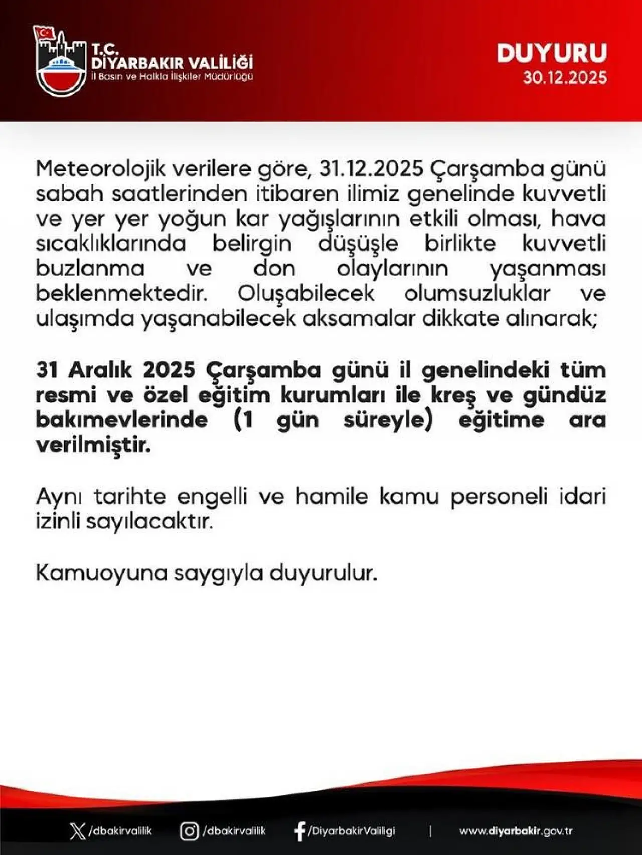 Diyarbakır'da okullar çarşamba günü tatil edildi