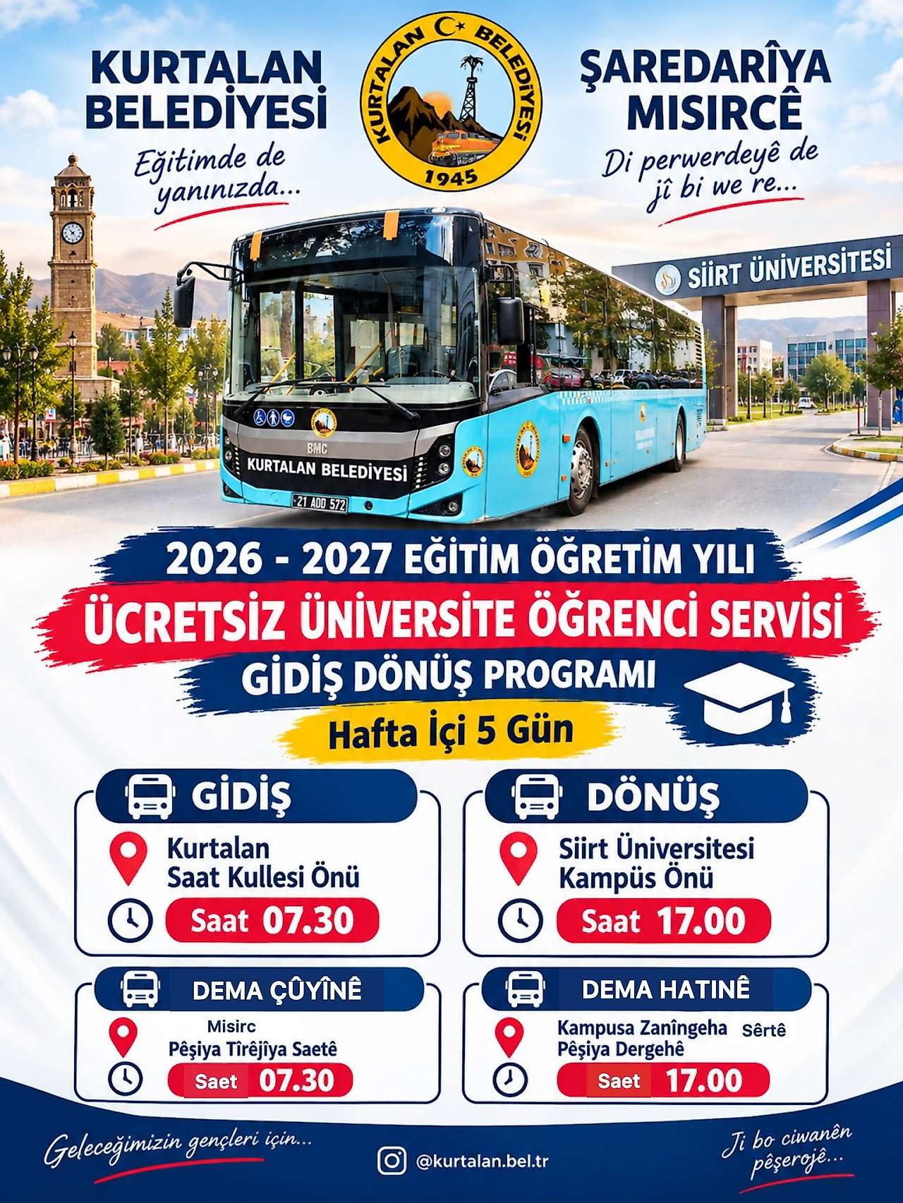 Siirt Kurtalan Belediyesi'nden Üniversite Öğrencilerine Ücretsiz Servis Hizmeti: Saatleri ve Durakları Belli Oldu