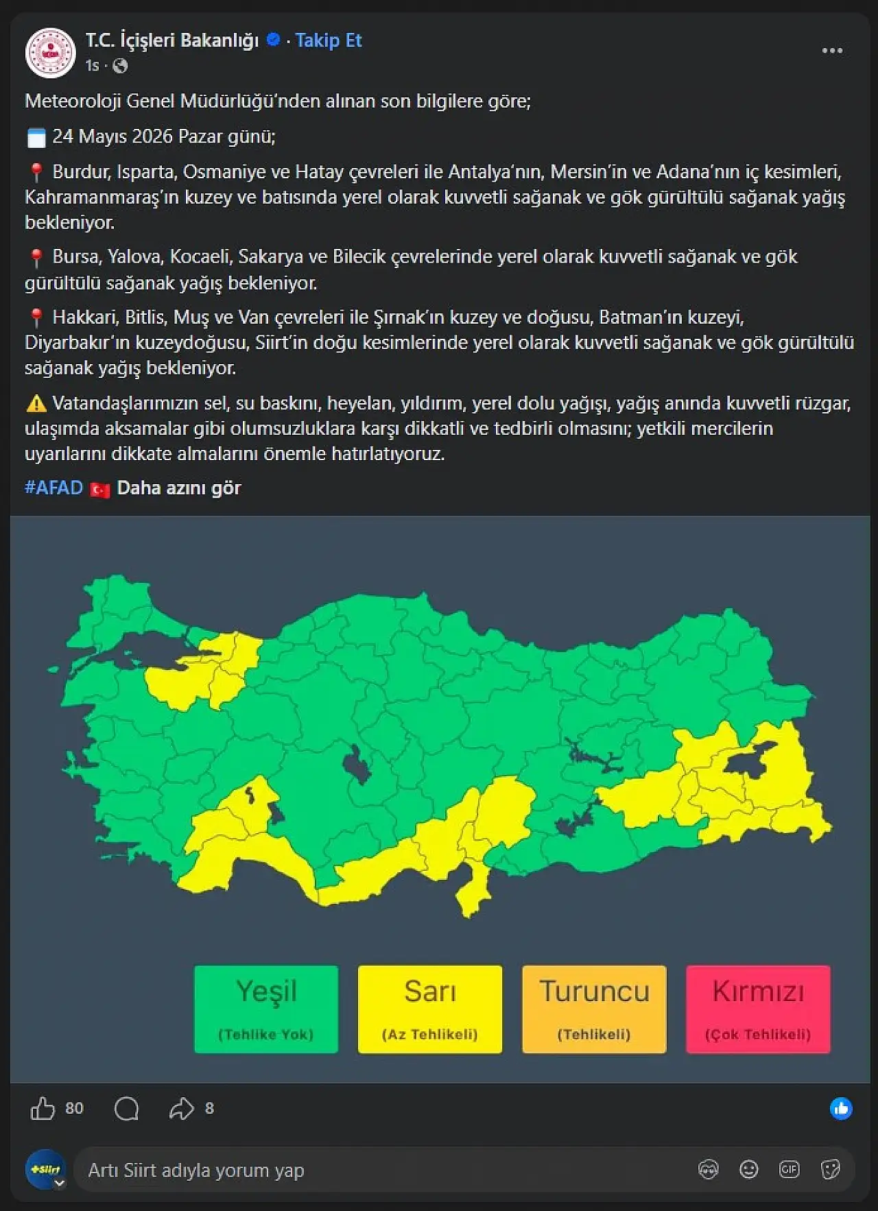 İçişleri bakanlığının siirt'te beklenen sağanak yağışla ilgili yaptığı paylaşım.