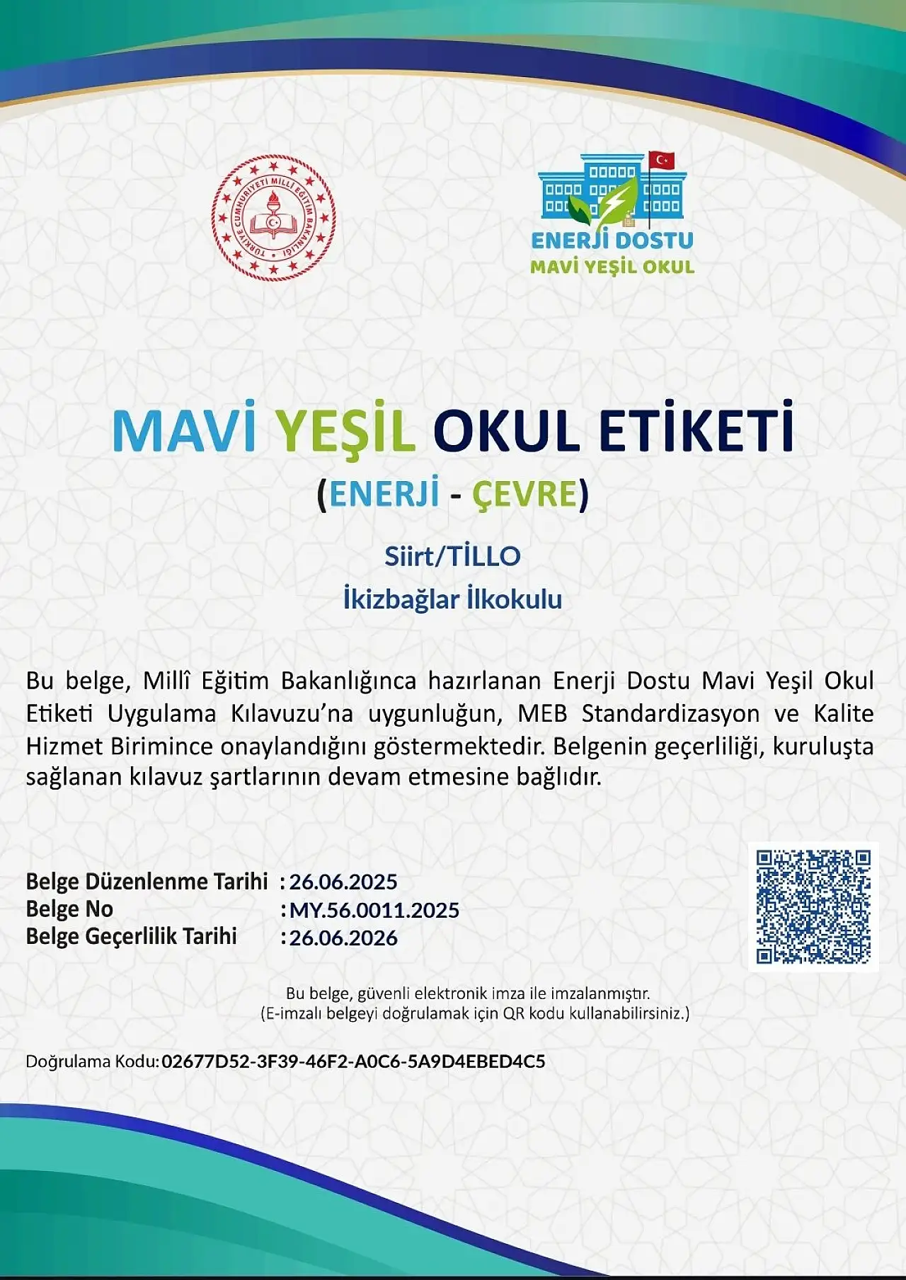 Mavi yeşil okul etiketi belgesi