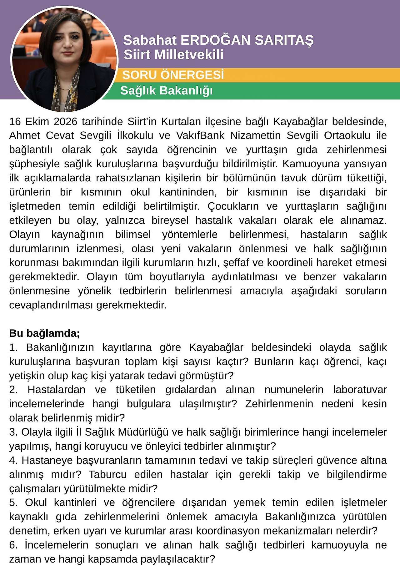 Siirt'teki Zehirlenme Olayı Meclis Gündeminde: Sabahat Erdoğan Sarıtaş'tan İki Bakanlığa Soru Önergesi