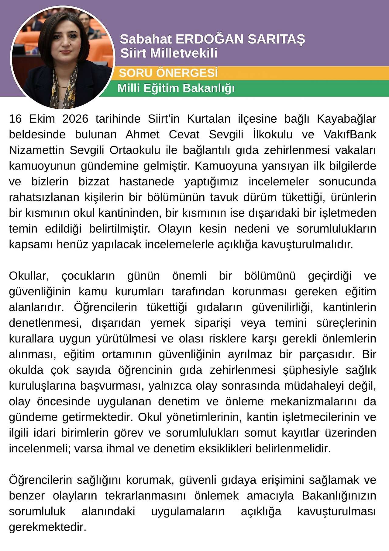Siirt'teki Zehirlenme Olayı Meclis Gündeminde: Sabahat Erdoğan Sarıtaş'tan İki Bakanlığa Soru Önergesi