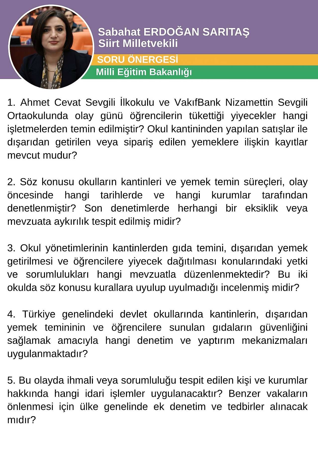 Siirt'teki Zehirlenme Olayı Meclis Gündeminde: Sabahat Erdoğan Sarıtaş'tan İki Bakanlığa Soru Önergesi