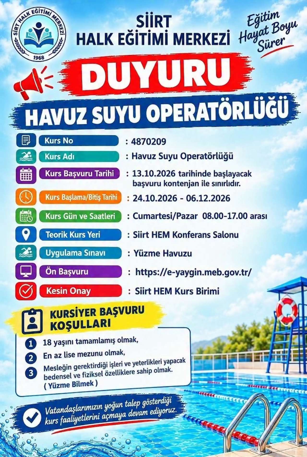 Siirt Halk Eğitimi Merkezi Havuz Suyu Operatörlüğü Kurs Başvurusu Nasıl Yapılır?