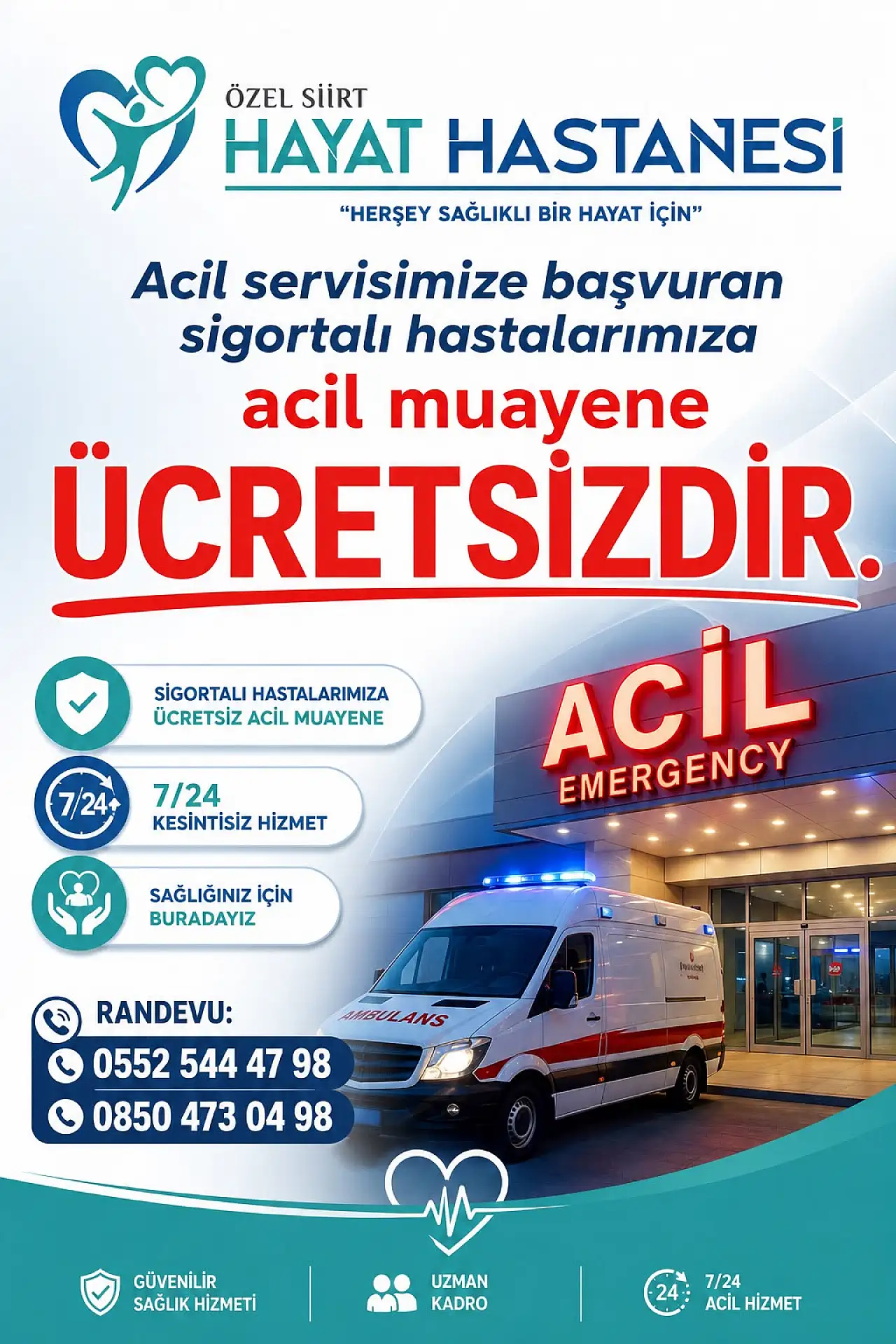 Özel Siirt Hayat Hastanesi'nden sigortalı hastalara ücretsiz acil muayene