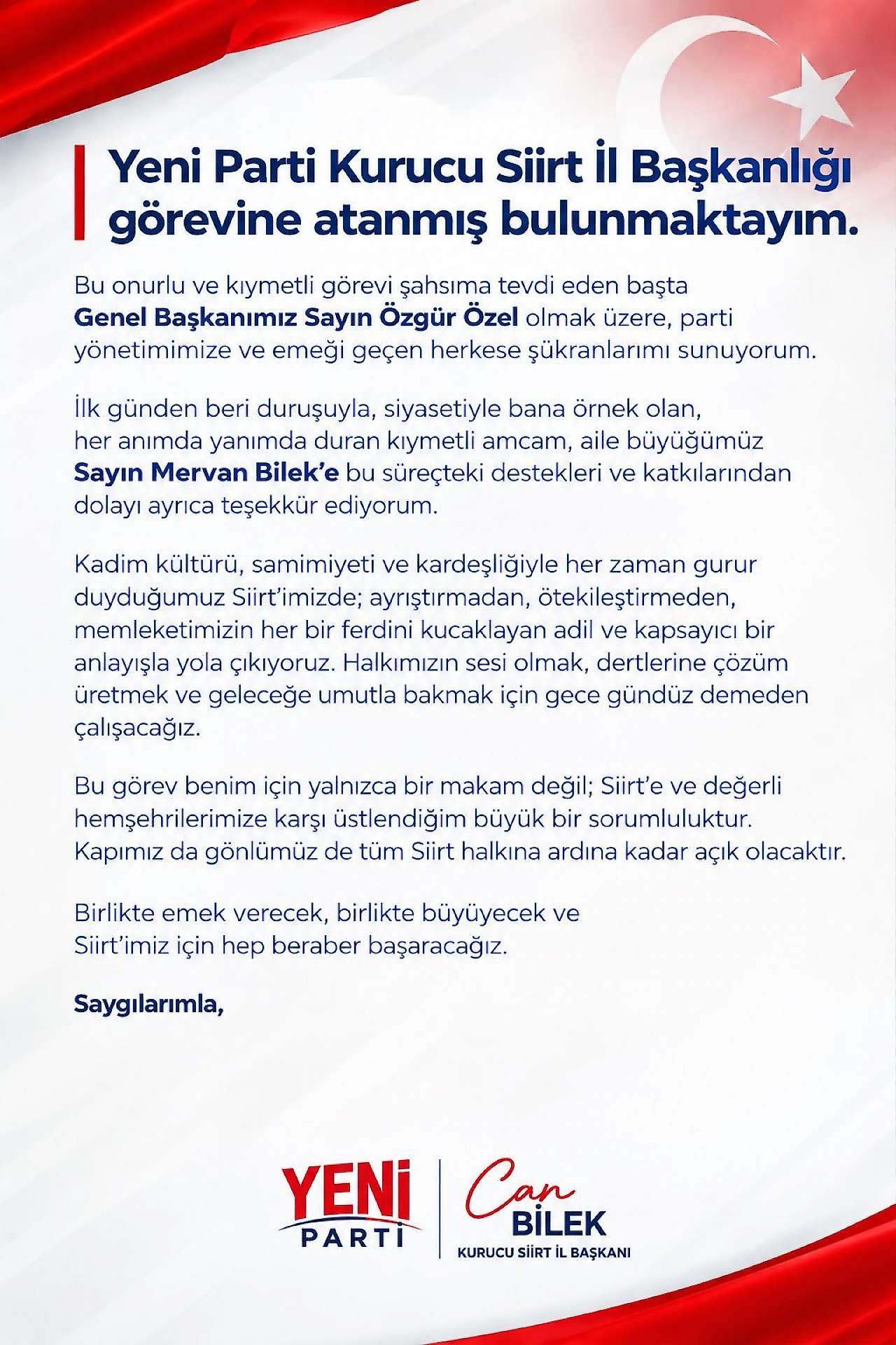 Yeni Parti Siirt İl Başkanı Can Bilek'ten Siirt Mesajı: ''Ayrıştırmadan, Ötekileştirmeden Yola Çıkıyoruz''
