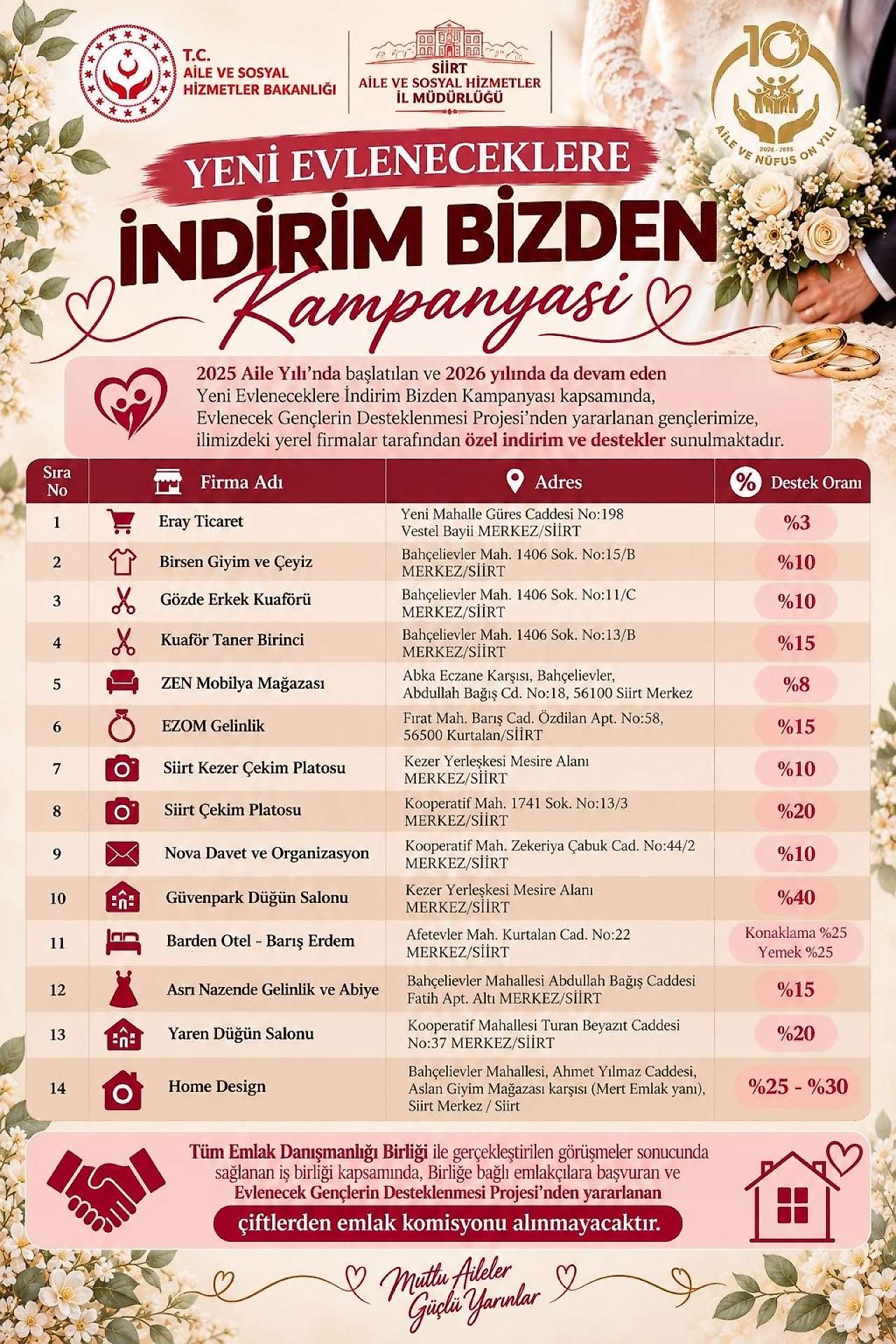 Siirt'te Evlenecek Çiftlere İndirim Yapan Firmalar Belli Oldu
