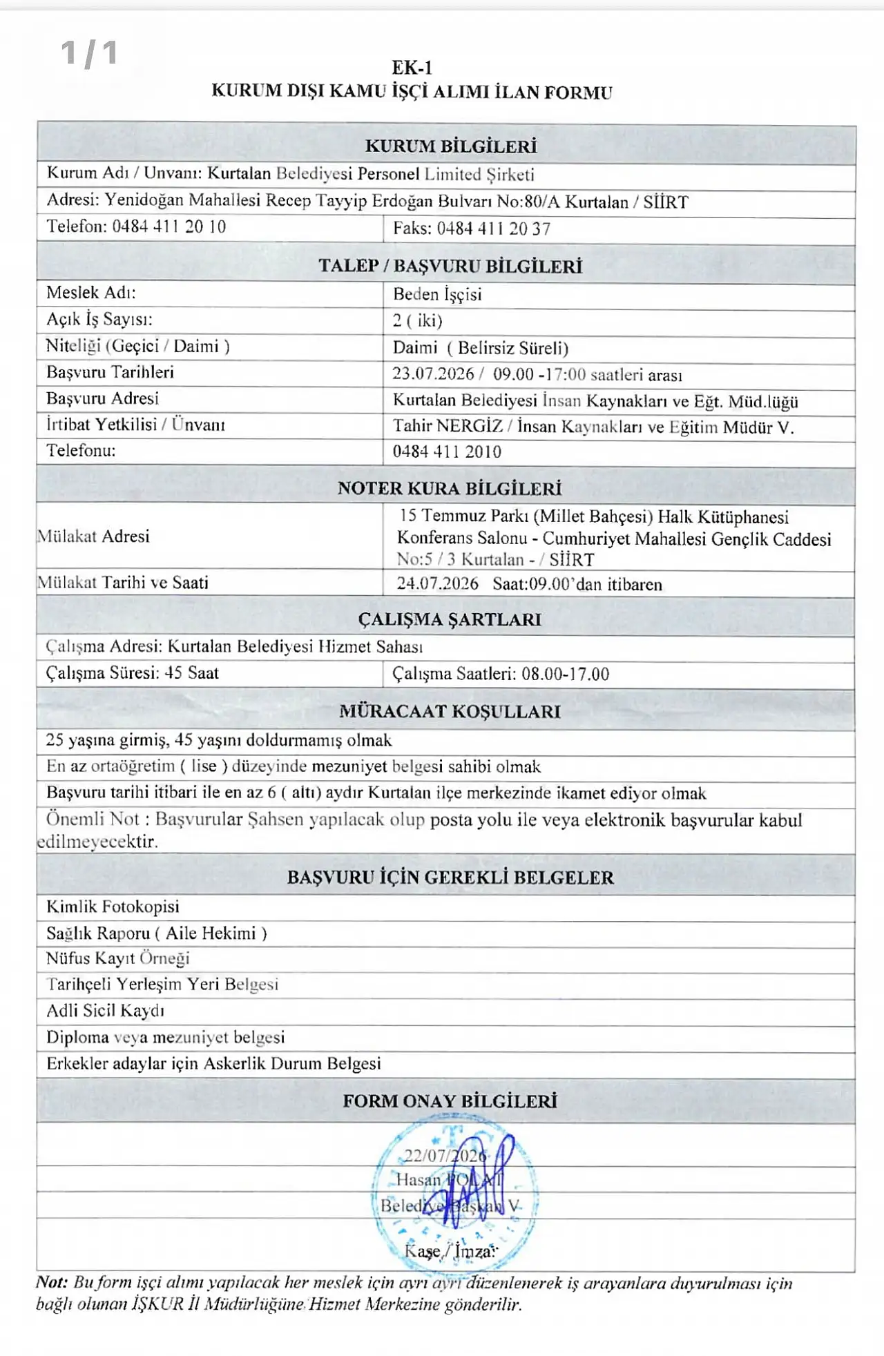 Kurtalan Belediyesi'nin Daimi İşçi Alımı İlanı İptal Edildi