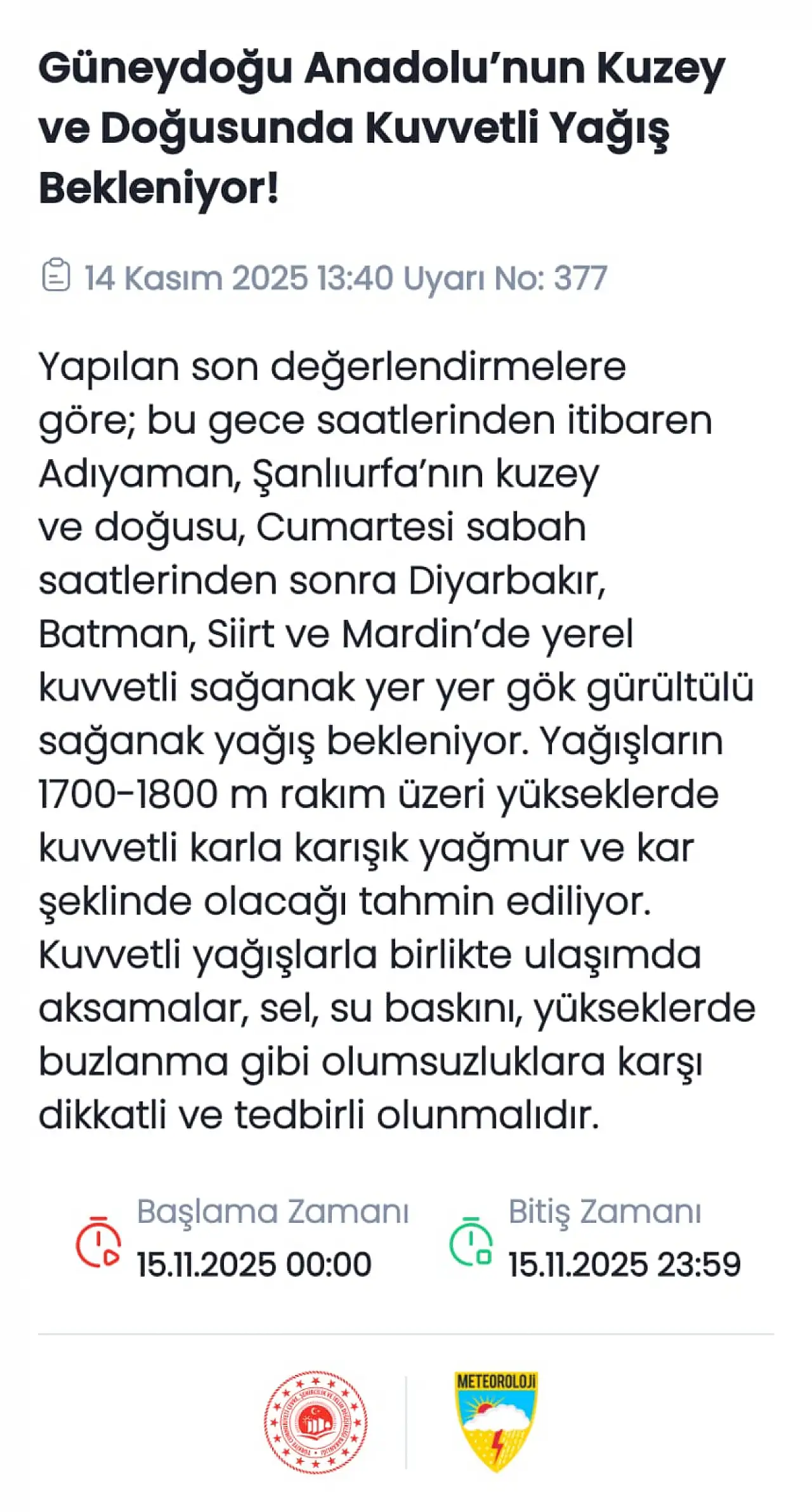 Meteoroloji Siirt'i Uyardı: Kuvvetli Sağanak ve Karla Karışık Yağış Geliyor!