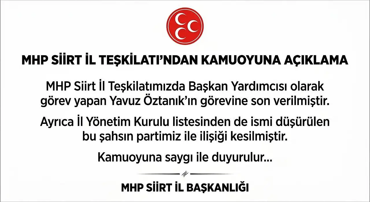 MHP Siirt'te Kritik Karar: İl Başkan Yardımcısının Görevine Son Verildi