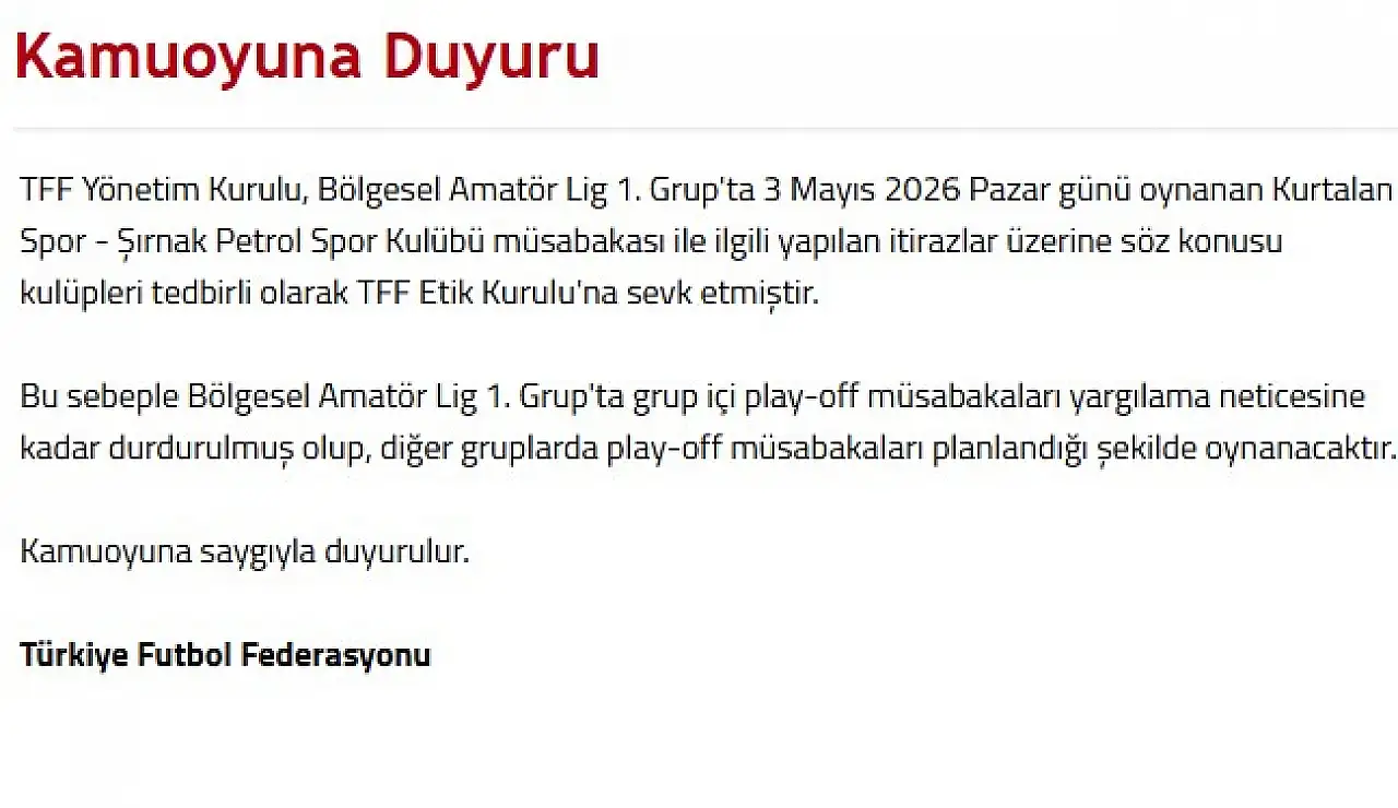SON DAKİKA: TFF'den Kurtalan Spor Maçı Kararı! Play-Off'lar Durduruldu