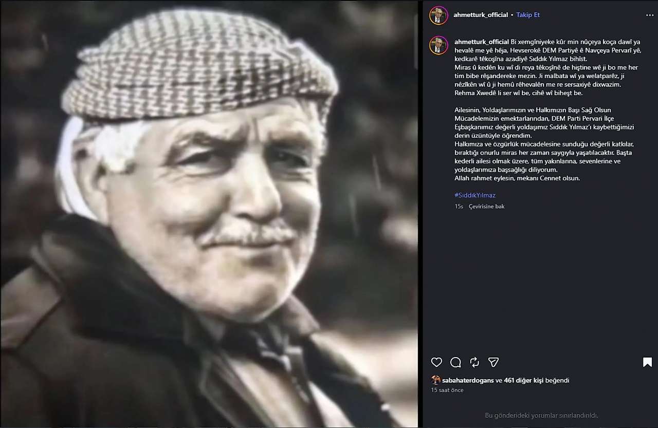 Ahmet Türk'ten Hayatını Kaybeden DEM Parti Pervari İlçe Eşbaşkanı Sıddık Yılmaz İçin Taziye Mesajı