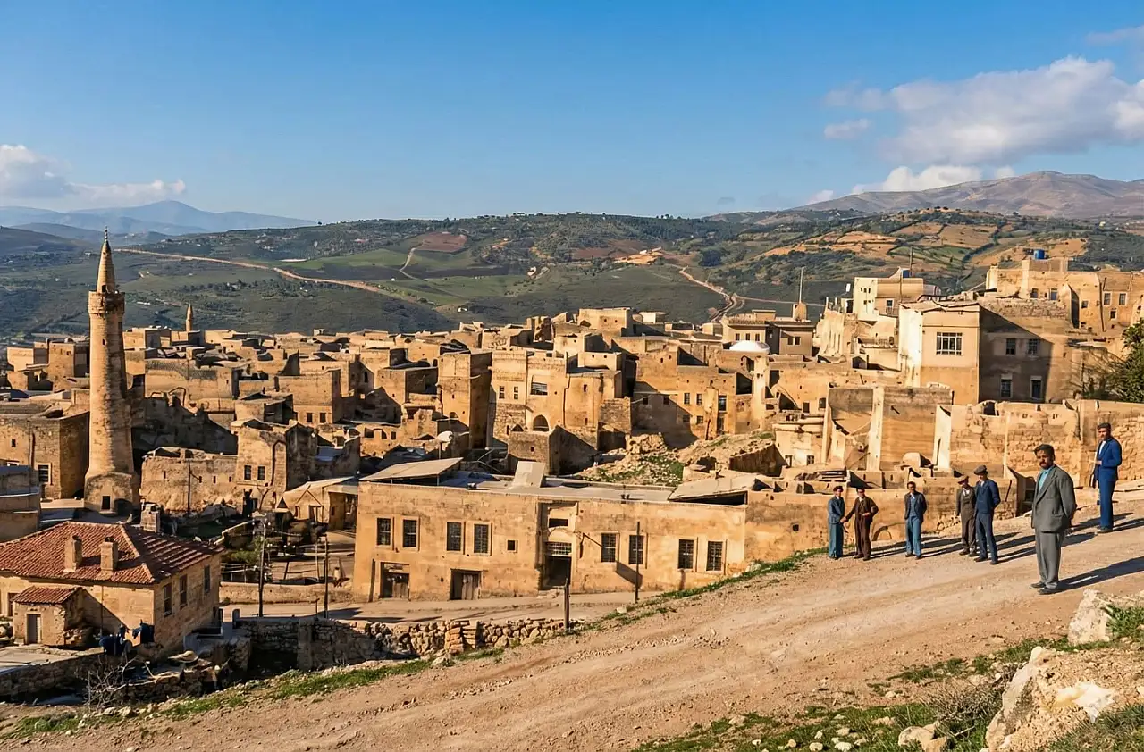 1932 Yılında Siirt'in Yüksek Tepelerinden Çekilmiş Babuddarp Cami ve Algül Mahallesi Yapay Zekayla Renklendirilmiş