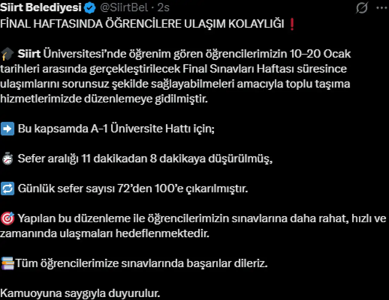 Siirt Belediyesi final haftasında otobüs seferlerini artırdı