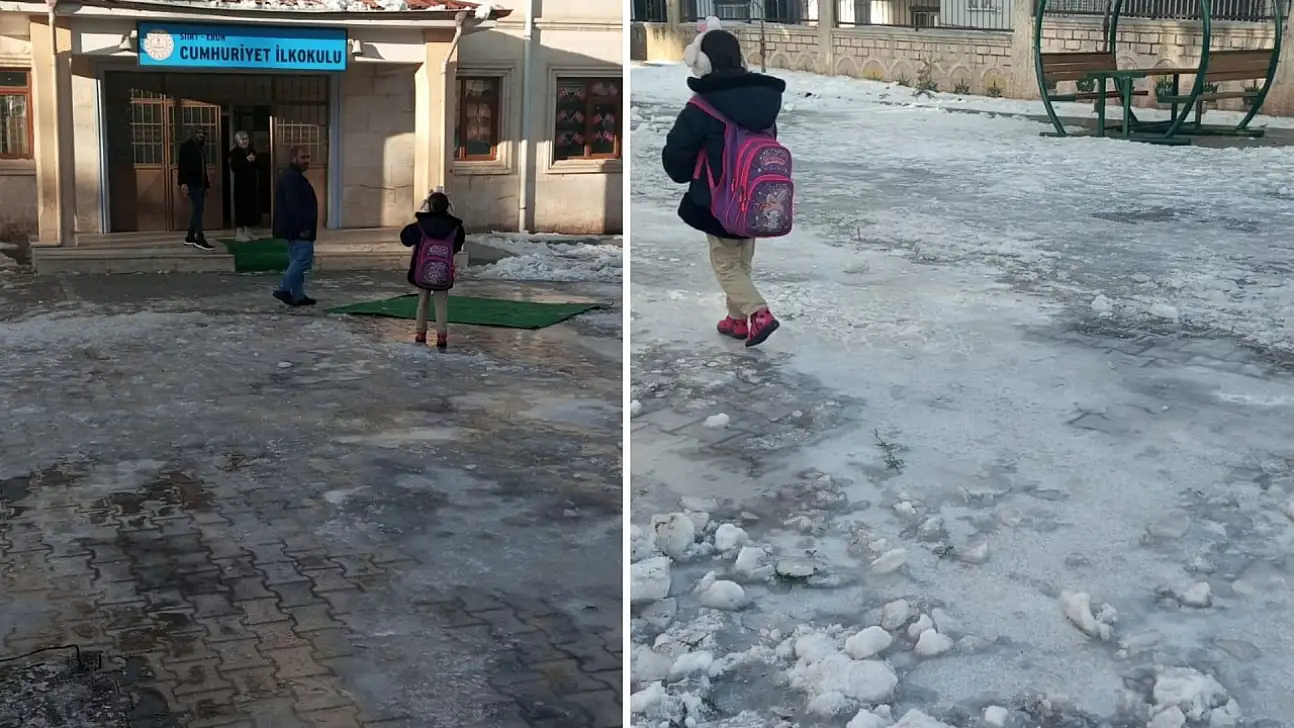 Siirt Eruh'ta okul bahçesindeki buzlanma öğrenci ve velileri tedirgin ediyor