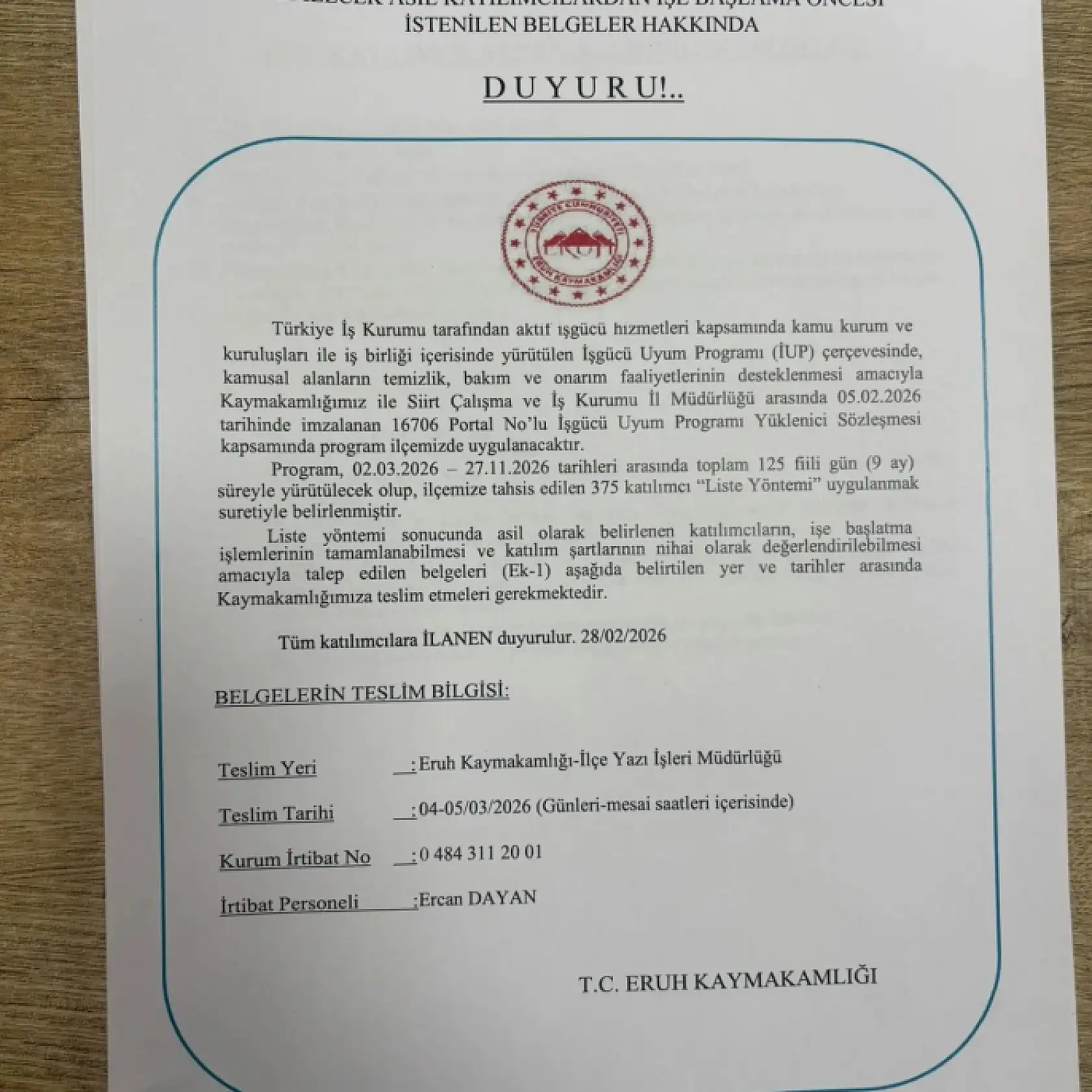 Eruh'ta İUP Kapsamında Görevlendirilecek 300 Kişinin Listesi Açıklandı