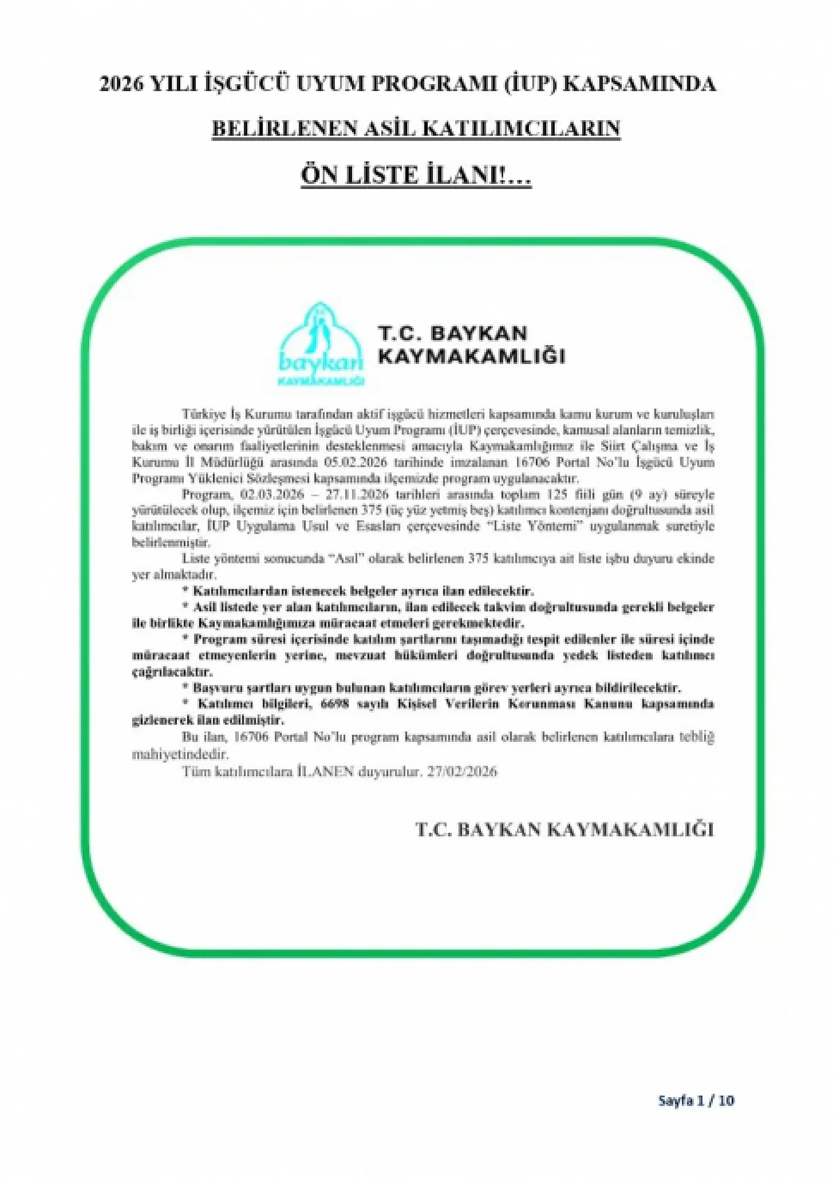 Baykan'da İUP Kapsamında Görevlendirilecek 375 Kişinin Listesi Açıklandı