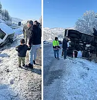 Siirt Baykan'da Buzlanma Kazalara Neden Oldu: Tır ve Minibüs Devrildi, 4 Yaralı