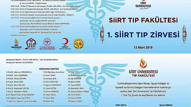 13 MART 2019'DA  DÜZENLENECEK OLAN1.SİİRT TIP ZİRVESİ BİLİMSEL PROGRAMI AÇIKLANDI