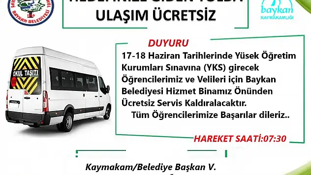 Baykan Belediyesinden YKS Sınavına Girecek Öğrencilere Ücretsiz Ulaşım İmkanı