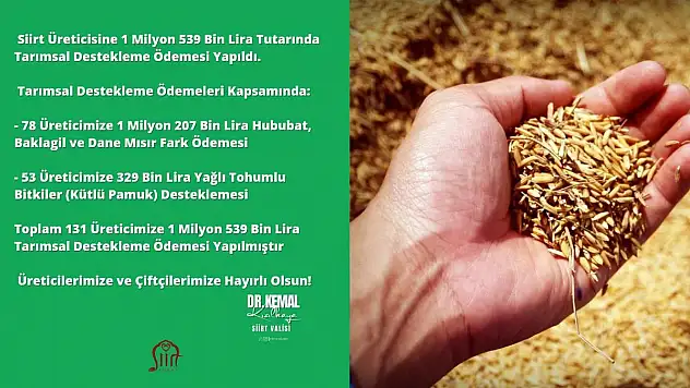 Siirt Üreticisine1 Milyon 539 Bin Lira Tutarında Tarımsal Destekleme Ödemesi Yapıldı
