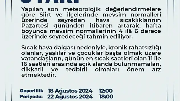 Siirt Valiliği'nden Meteorolojik Uyarı!