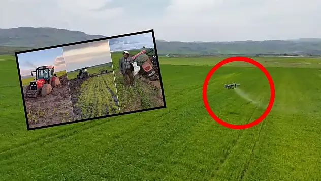 Siirtli çiftçinin traktörü çamura saplanınca gübreleme dronlarlar yapılmaya başlandı