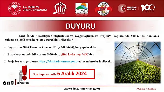 Siirt'te Damla Sulama Sistemli Sera Kurulumu İçin Hibe Desteği