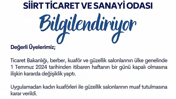 Siirt TSO'dan Kadın Kuaförleri ve Güzellik Merkezleri İle İlgili Açıklama
