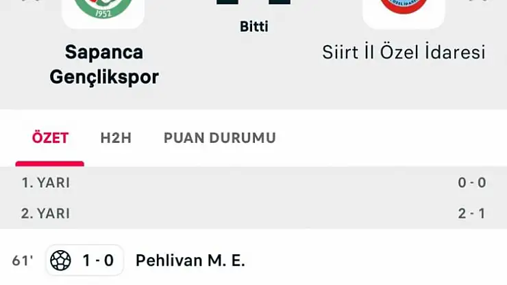 SİİRTSPOR DEPLASMANDA SAPANCA GENÇLİK SPOR'A 2-1 MAĞLUP OLDU